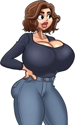 Leslie, in her dark blue top and blue jeans