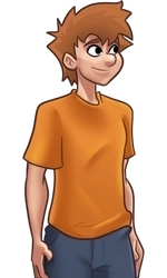The protagonist, in his orange shirt and blue shorts