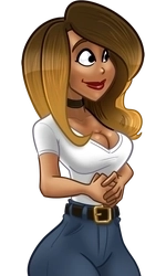 Agnes, in her white shirt and blue jeans