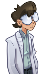 Alex, with his large spectacles and white lab coat