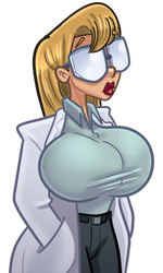 Alexa, with her oversized glasses, lab coat and powder-blue blouse