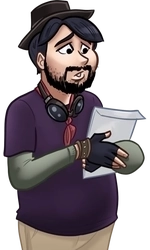 Andy, in his fedora and purple graphic tee