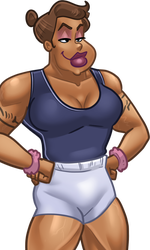 Berta, in her dark blue tank top and white jogging shorts