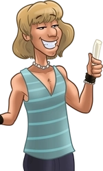 Cheester, in his striped blue tank top holding his stick of cheese