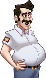 Dan, in his white button-up 'Security Team' shirt and blue jeans