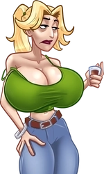 Denise, in her green spaghetti strap and blue jeans