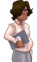Javier, in his cream dress shirt carrying his laptop