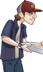 Jimmy, in his red pizza hat and work shirt