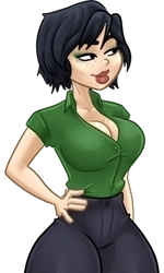 June, in her green eye shadow, emerald blouse and dark pants