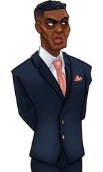 Kingsley, in his dark suit with a pink tie