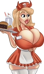 Miranda, in her orange Diablo Burger uniform