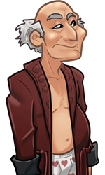 Olman, in his red bathrobe and boxer briefs