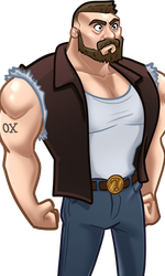 Ox, in his dark fur-lined vest and white undershirt
