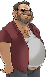 Roger, in his red work shirt and stained undershirt