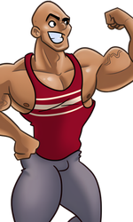 Roy, flexing in his red athletic shirt