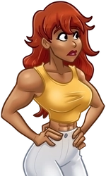 Sonja, in her goldenrod muscle shirt and white pants