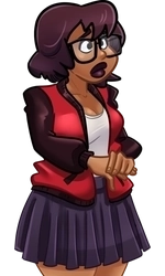 Thelma, in her black and red varsity jacket and dark skirt
