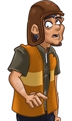 Waffle, in his leather helmet and hi-vis vest