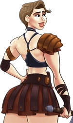 Nysa, in her leather skirt and armor