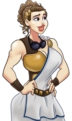 Penelope, in her white toga skirt and armor