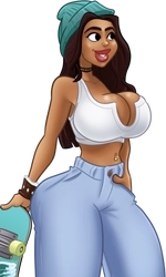 Katie, in her teal beanie, white shirt and jeans, holding her skateboard