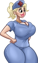 Kristine, in her blue nurse scrubs
