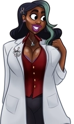 Mae, in her red blouse and white lab coat