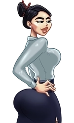 Yumi, in her powder blue blouse and dark skirt