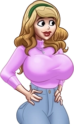 Hannah, in her pink  sweater and light blue jeans