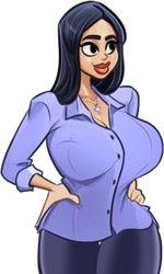 Lucia, in her periwinkle work shirt and dark pants