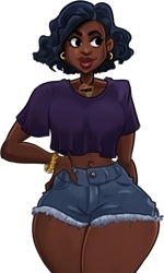 Oluchi, in her dark purple crop top and cut-off jeans